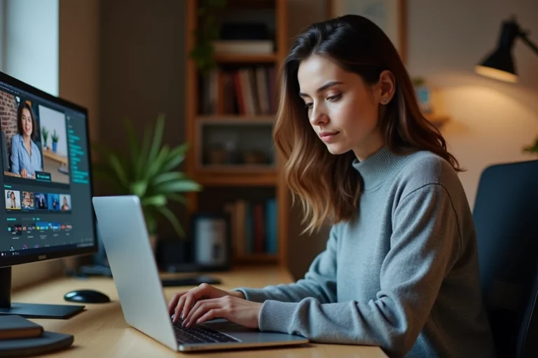 Jeune femme configurant un logiciel de streaming en direct sur un ordinateur portable dans un bureau moderne à domicile
