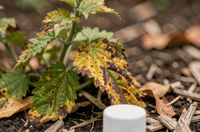 Feuilles d'orties endommagées par un mélange chimique inapproprié montrant des signes de nécrose et de jaunissement