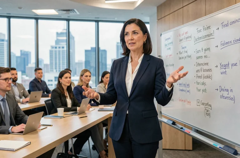 Formatrice juridique et motivationnelle animant une session de formation professionnelle dans une salle moderne avec des participants attentifs