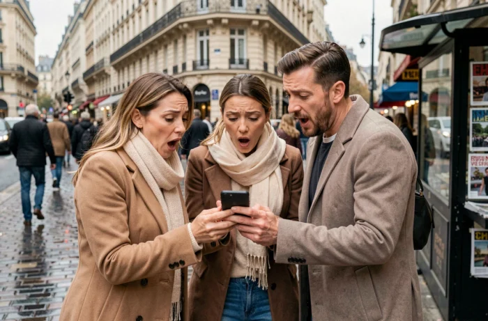 Groupe de Français réagissant avec surprise à un sondage sur leur acteur préféré autour d'un smartphone dans une rue parisienne