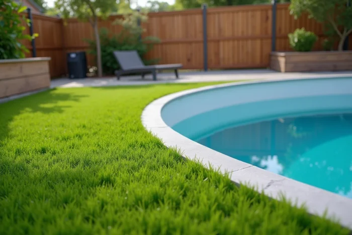 Gazon synthétique posé en plage périphérique autour d'une piscine hors sol dans un jardin familial moderne avec clôture en bois