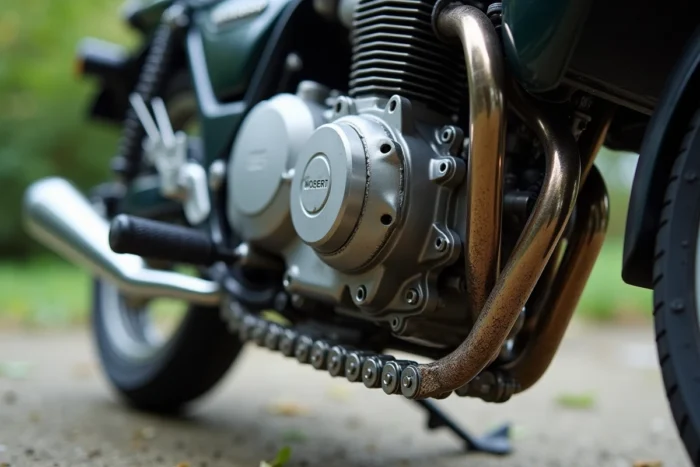 Gros plan sur le moteur et la chaîne usés d'une moto d'occasion à fort kilométrage