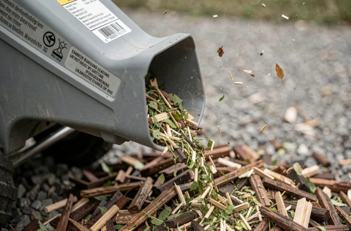 Gros plan sur la sortie d'un broyeur Lidl éjectant des copeaux de bois et végétaux broyés en mulch