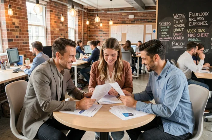 Groupe de professionnels adultes participant à une formation juridique et motivationnelle collaborative dans un espace de co-working moderne