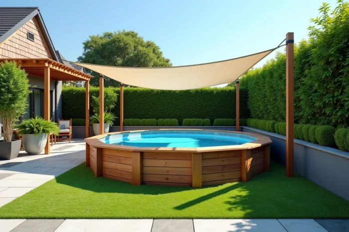 Vue d'ensemble d'une piscine hors sol élégamment habillée avec bardage bois, jardinières, pergola et gazon synthétique dans un jardin résidentiel