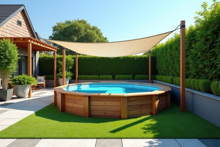 Vue d'ensemble d'une piscine hors sol élégamment habillée avec bardage bois, jardinières, pergola et gazon synthétique dans un jardin résidentiel