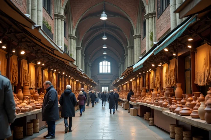 Grande halle de marché flamande avec voûtes en briques, colonnes en pierre et stands d'artisanat traditionnel