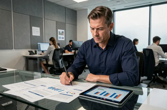 Homme d'affaires analysant des rapports financiers et une application de suivi budgétaire sur tablette au bureau