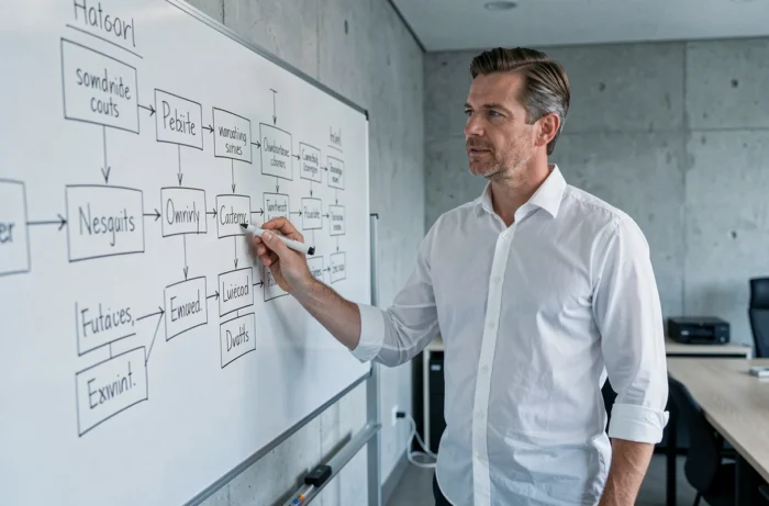 Homme présentant l'architecture d'un site web sur un tableau blanc dans une salle de réunion moderne