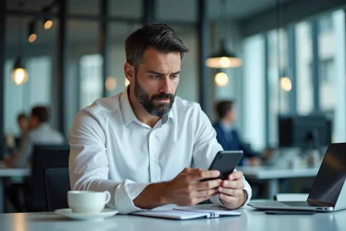 Homme d'affaires vérifiant des appels manqués répétés d'un numéro en 33 3 77 sur son téléphone au bureau