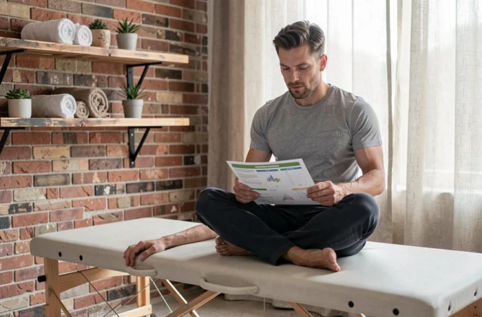 Homme consultant un guide de comparaison assis sur une table de massage pliante dans un espace bien-être aménagé à domicile