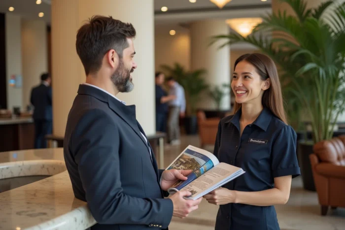 Homme consultant un catalogue de voyages avec une employée d'hôtel pour organiser ses vacances
