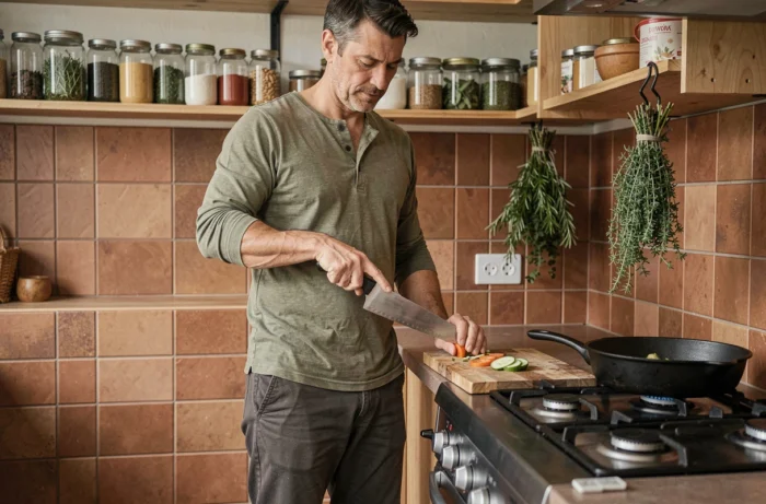 Homme préparant des légumes frais dans une cuisine naturelle comme astuce de bien-être au quotidien