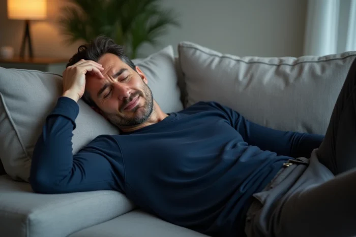 Homme allongé sur un canapé la main sur le front, représentant la fatigue et les sensations neurologiques inhabituelles