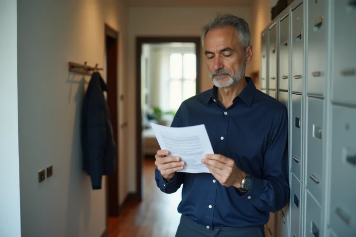 Homme lisant attentivement un courrier officiel Action Logement dans le couloir de son appartement pour identifier son code spécifique