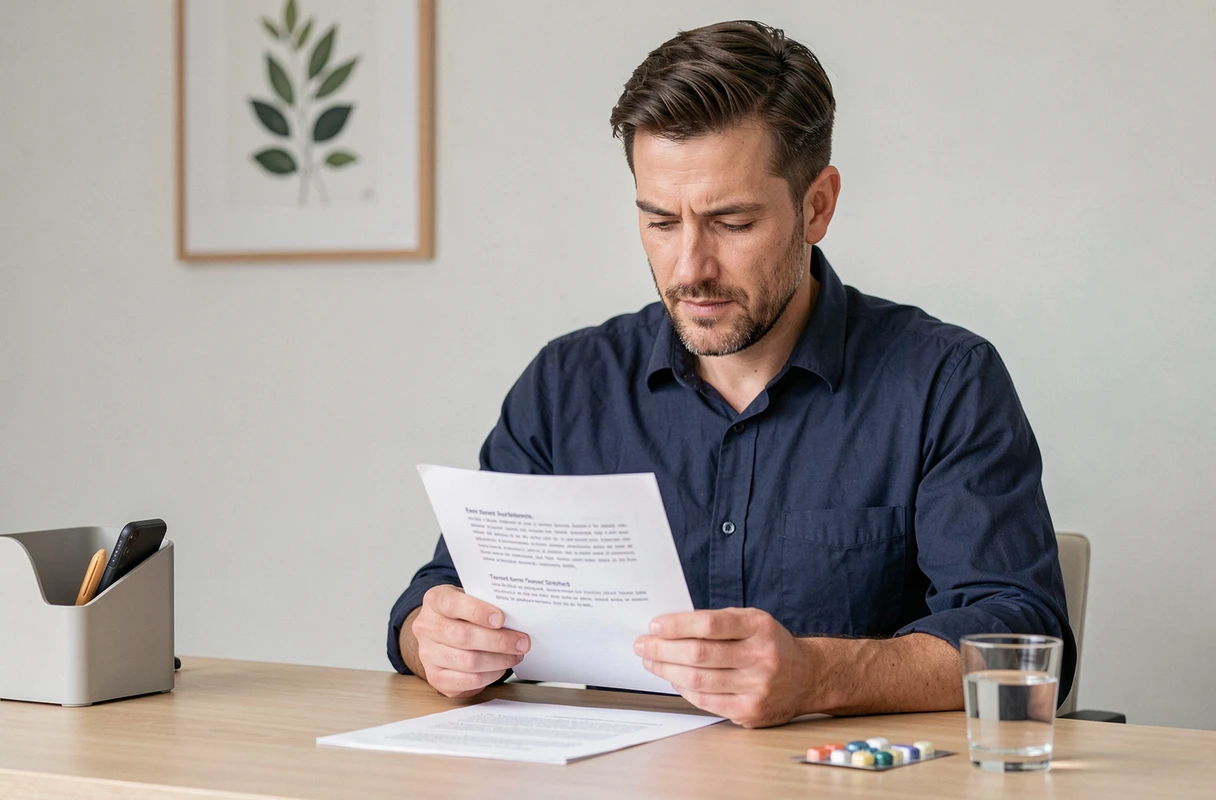 Homme lisant des témoignages d'utilisateurs sur l'efficacité d'un complément contre le stress