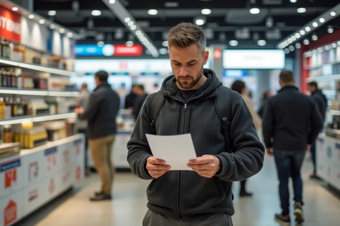 Homme consultant sa liste de courses dans une boutique duty-free au Pas de la Case pour optimiser ses achats et économies en Andorre