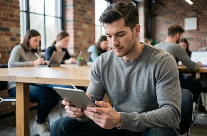 Homme consultant des offres d'emploi sur une tablette dans un espace de coworking urbain