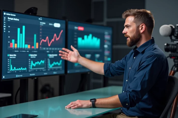 Homme professionnel présentant un tableau de bord de streaming en direct sur un écran mural dans un studio de diffusion