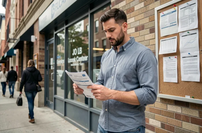 Homme sans expérience professionnelle consultant une offre d'emploi devant une agence de recrutement en ville