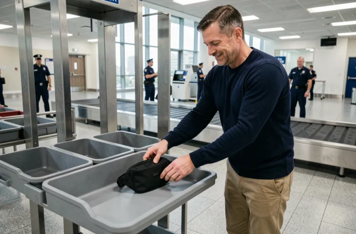 Homme passant un sac banane au contrôle de sécurité dans un aéroport