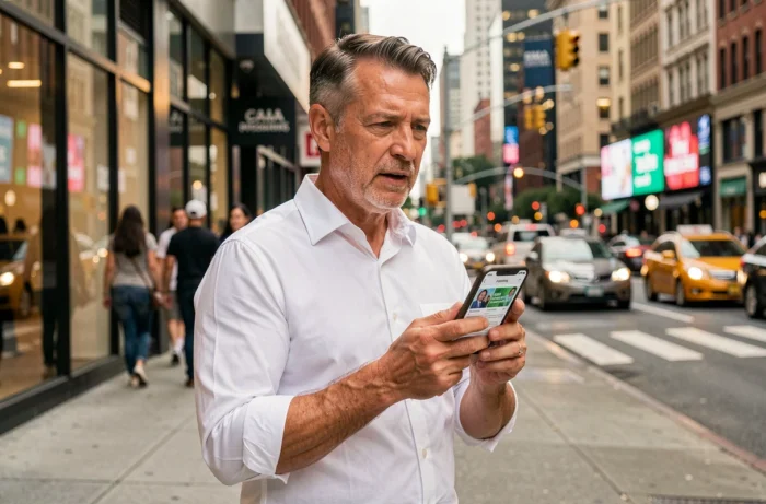 Homme consultant les dernières informations sur son smartphone dans une rue animée de la ville