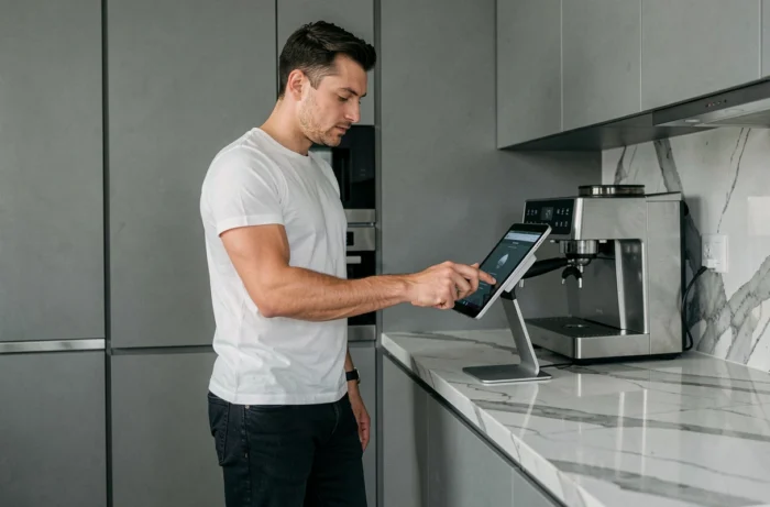 Homme utilisant une tablette et des appareils connectés dans une cuisine moderne pour automatiser ses tâches quotidiennes