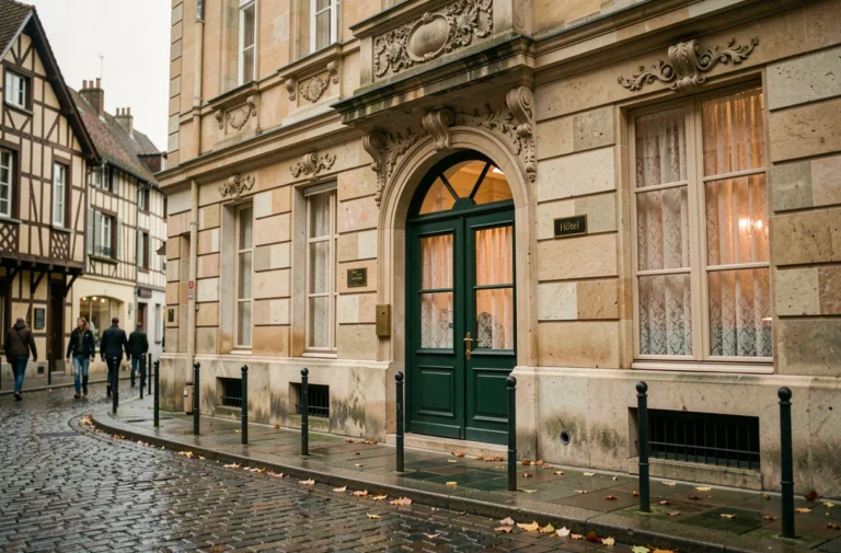 Façade d'un hôtel boutique en pierre de Bourgogne dans le centre-ville de Dijon avec portes en bois vert et pavés mouillés