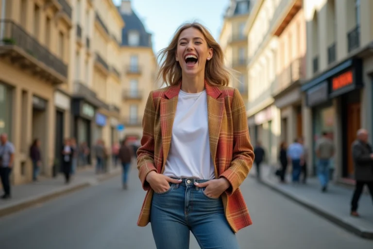 Humoriste française souriante en tenue décontractée chic dans une rue parisienne typique