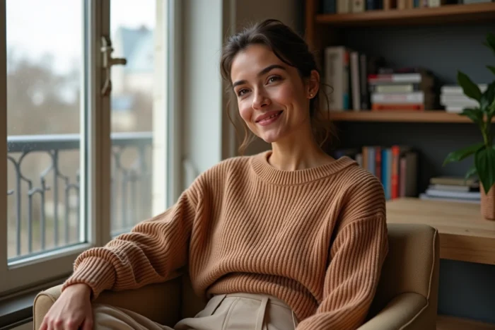 Humoriste française en pull oversize dans un appartement parisien moderne lors d'un entretien détendu