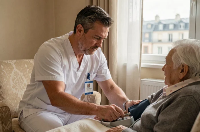 Infirmier masculin prenant la tension artérielle d'un patient âgé dans une chambre d'hôpital française