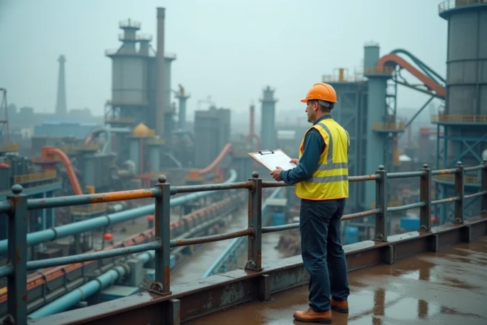 Ingénieur supervisant une usine industrielle de recyclage de plastique à grande échelle, symbolisant les défis concurrentiels du marché du recyclage pour des entreprises comme Carbios