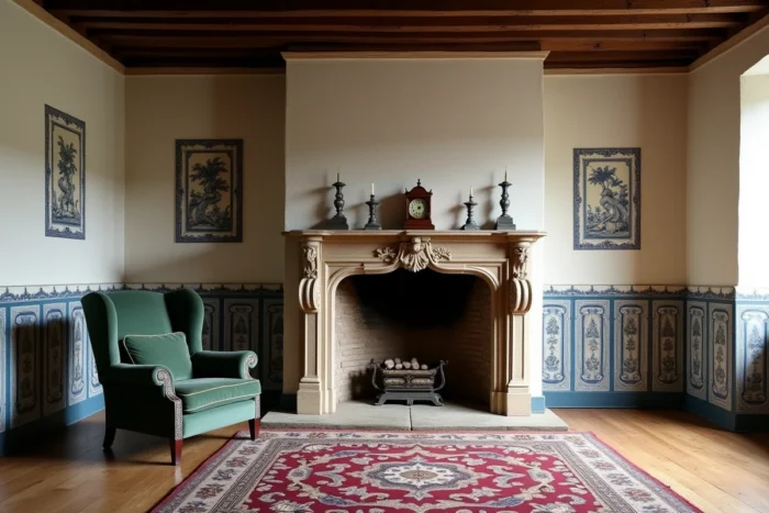Intérieur flamand traditionnel avec poutres en chêne, cheminée en grès sculpté et carrelage de Delft bleu et blanc