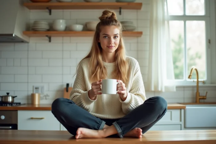 Femme blonde détendue avec une tasse de thé dans une cuisine moderne, évoquant l'intimité et la vie quotidienne d'une personnalité publique