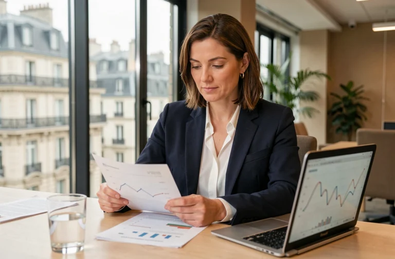 Investisseuse analysant les rendements de SCPI dans un bureau parisien moderne en 2026