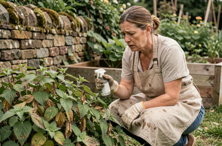 Jardinière examinant des orties abîmées après un traitement chimique inadapté dans un jardin résidentiel