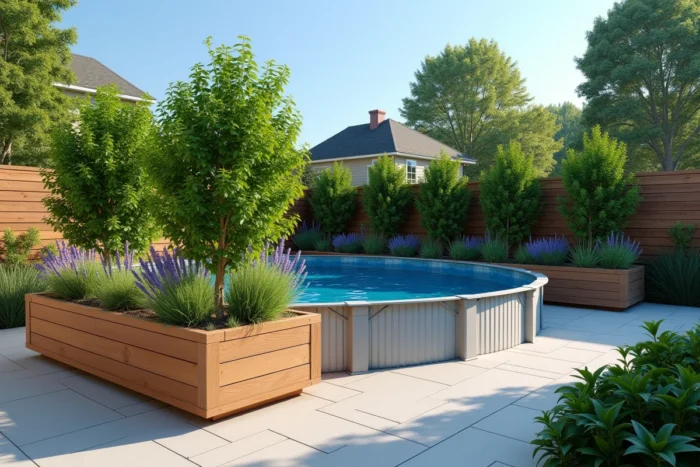 Jardinières hautes en bois végétalisées avec herbes ornementales et lavandes disposées en périphérie d'une piscine hors sol sur terrasse composite