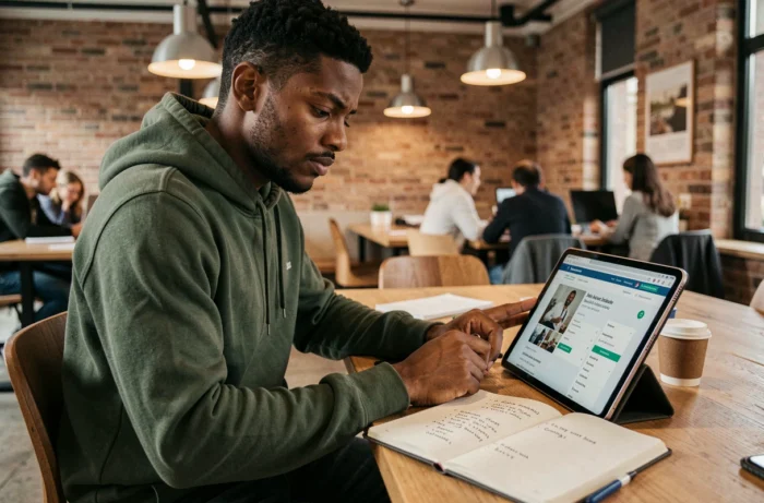 Jeune diplômé consultant des offres d'emploi sur tablette dans un espace de coworking en France