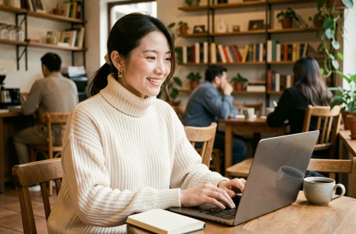 Jeune femme entrepreneur asiatique travaillant sur son ordinateur portable dans un café indépendant chaleureux, avec un carnet de notes ouvert
