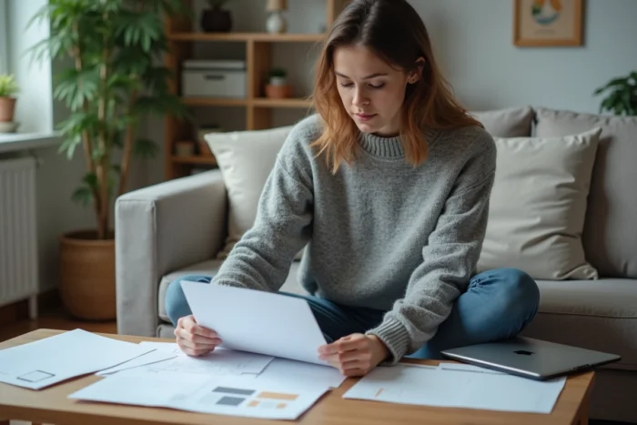 Jeune femme triant des documents administratifs sur une table basse pour retrouver son code spécifique Action Logement