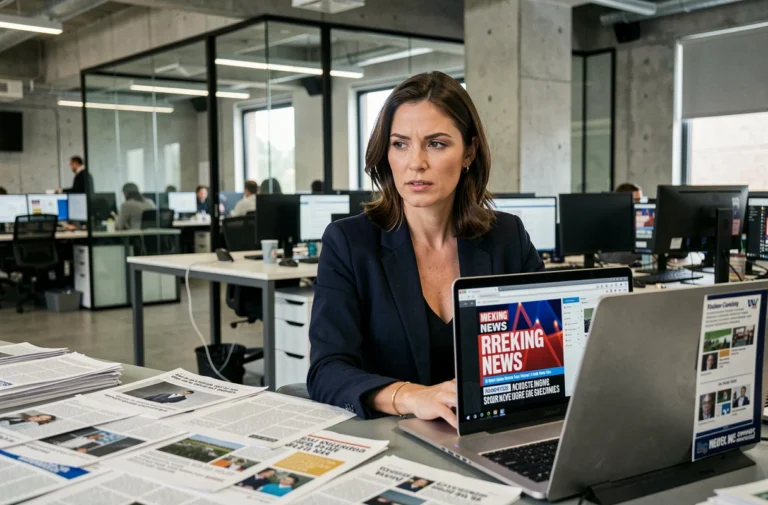 Journaliste femme concentrée dans une salle de rédaction moderne suivant l'actualité en temps réel sur plusieurs écrans