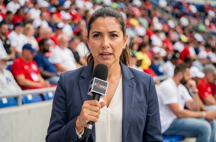 Journaliste sportive tenant un micro sur le bord d'un terrain de stade rempli de spectateurs