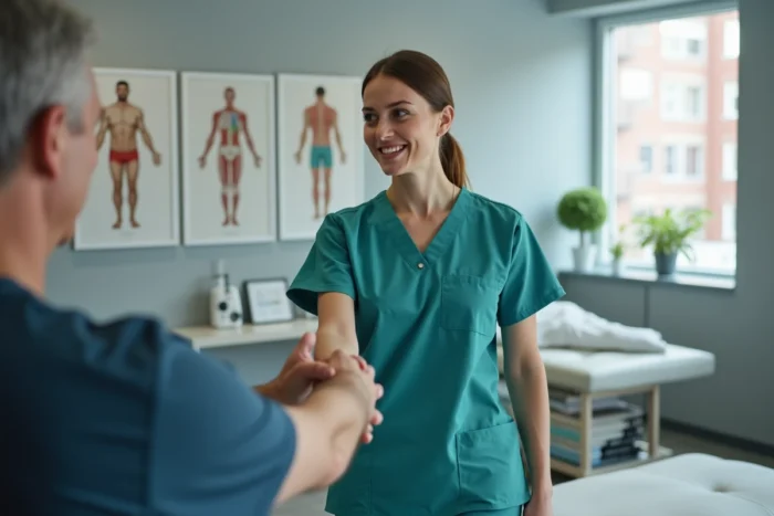 Kinésithérapeute accompagnant un patient en rééducation dans une salle de thérapie moderne et équipée