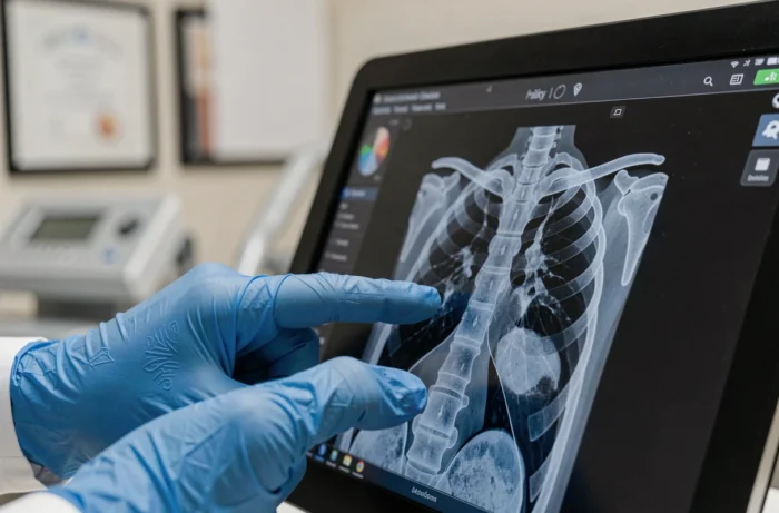 Mains d'un radiologue manipulant une interface tactile avec un scanner CT 3D dans une clinique de radiologie à Aix-en-Provence