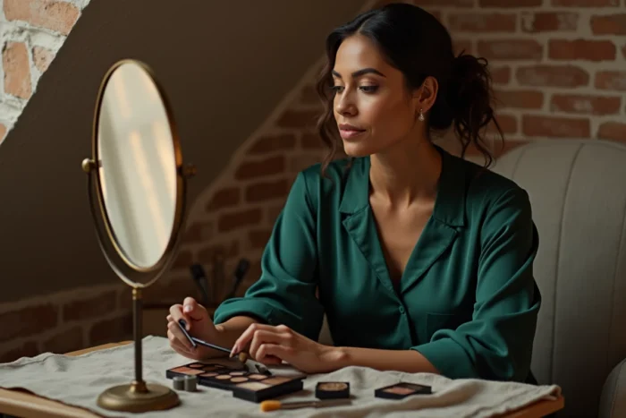 Femme appliquant un fard à paupières devant un miroir en laiton vintage, maquillage et tendances beauté