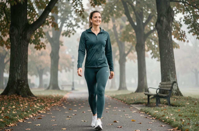 Femme marchant dans un parc en automne lors de sa routine bien-être quotidienne, activité physique et pleine conscience en plein air