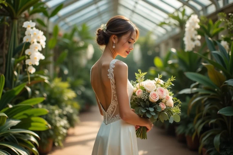 Mariée en robe de satin ivoire dans une serre botanique entourée d'orchidées blanches et de verdure tropicale