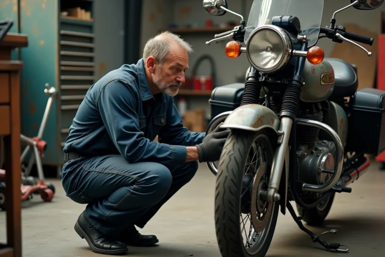 Mécanicien inspectant une moto d'occasion de 40 000 km dans un atelier de réparation