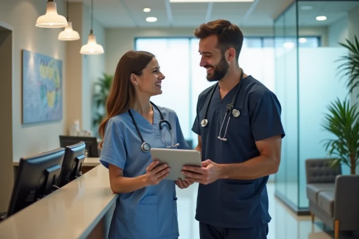 Médecin et assistante administrative collaborant sur la gestion des rendez-vous dans une salle d'attente lumineuse