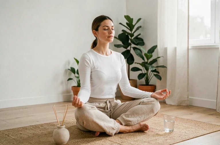 Femme pratiquant la méditation matinale dans un salon minimaliste et lumineux, routine bien-être quotidienne